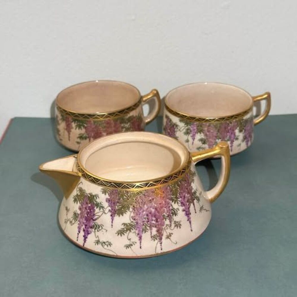 Antique Japanese Satsuma Wisteria Creamer & 2 Cups 成山 Seizan Taisho Hand-Painted